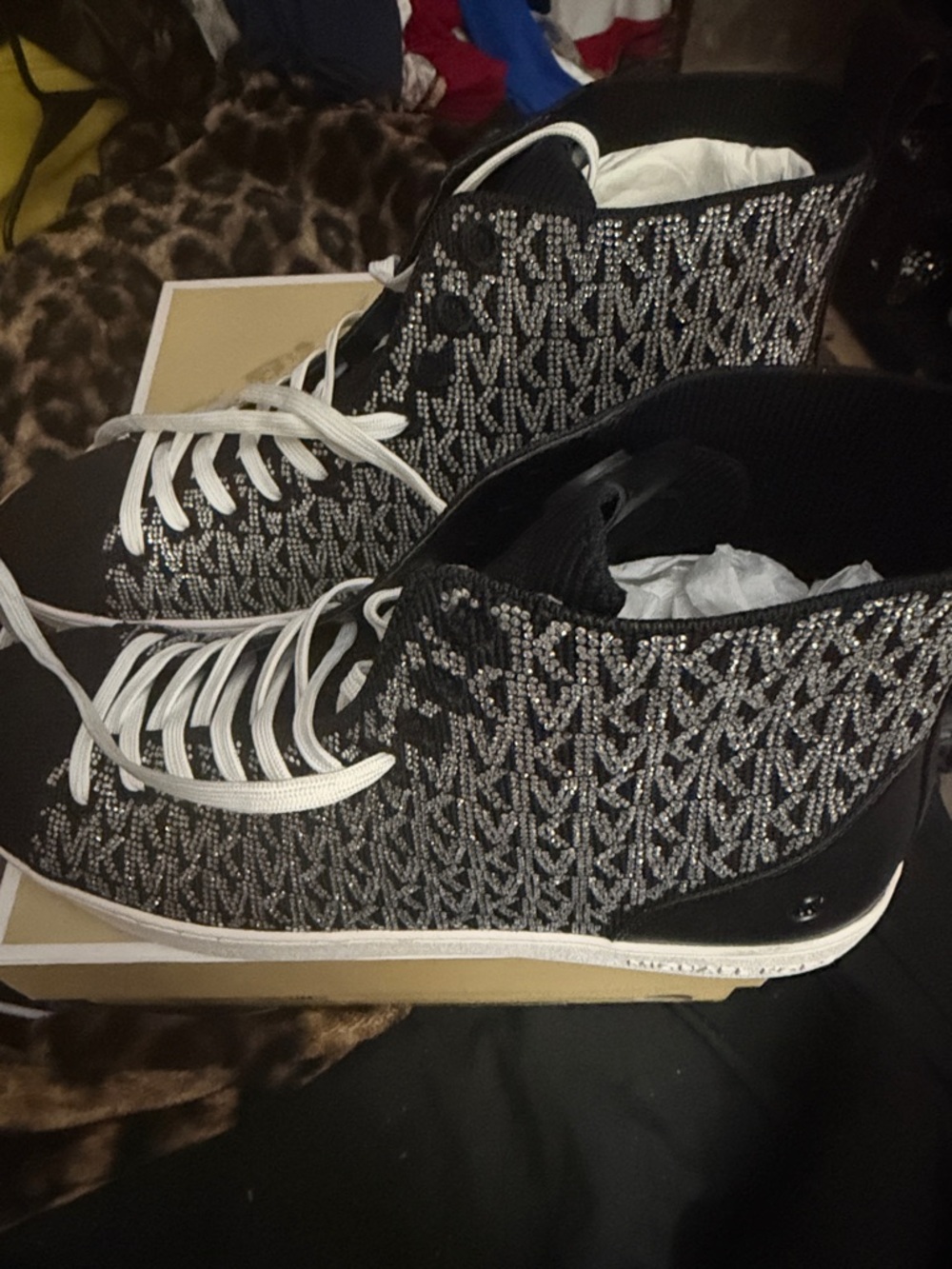 Size 11 Michael Kors Black and White MK Logo Rhinestone High-Top Sneakers